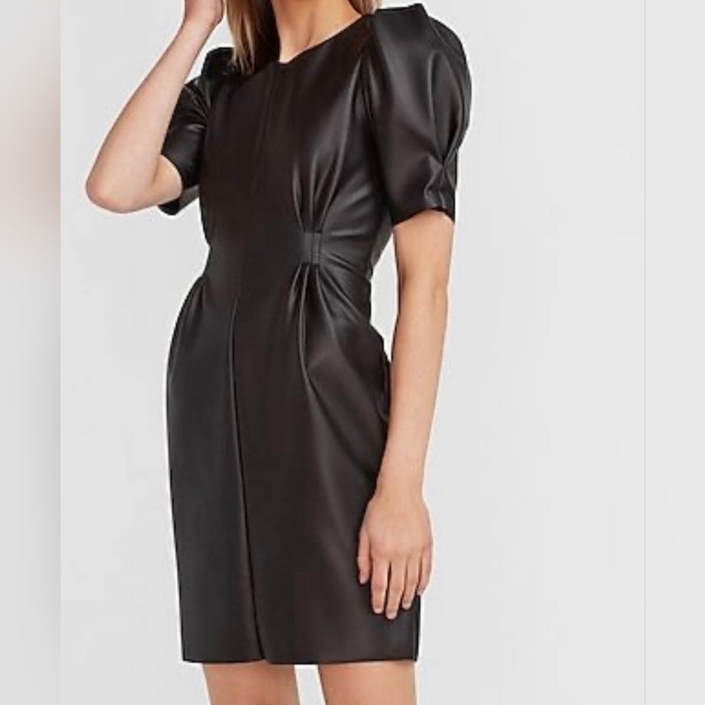 ZARA Black Leather Puff Sleeve Mini Dress Stretch Size Medium - Picture 12 of 13